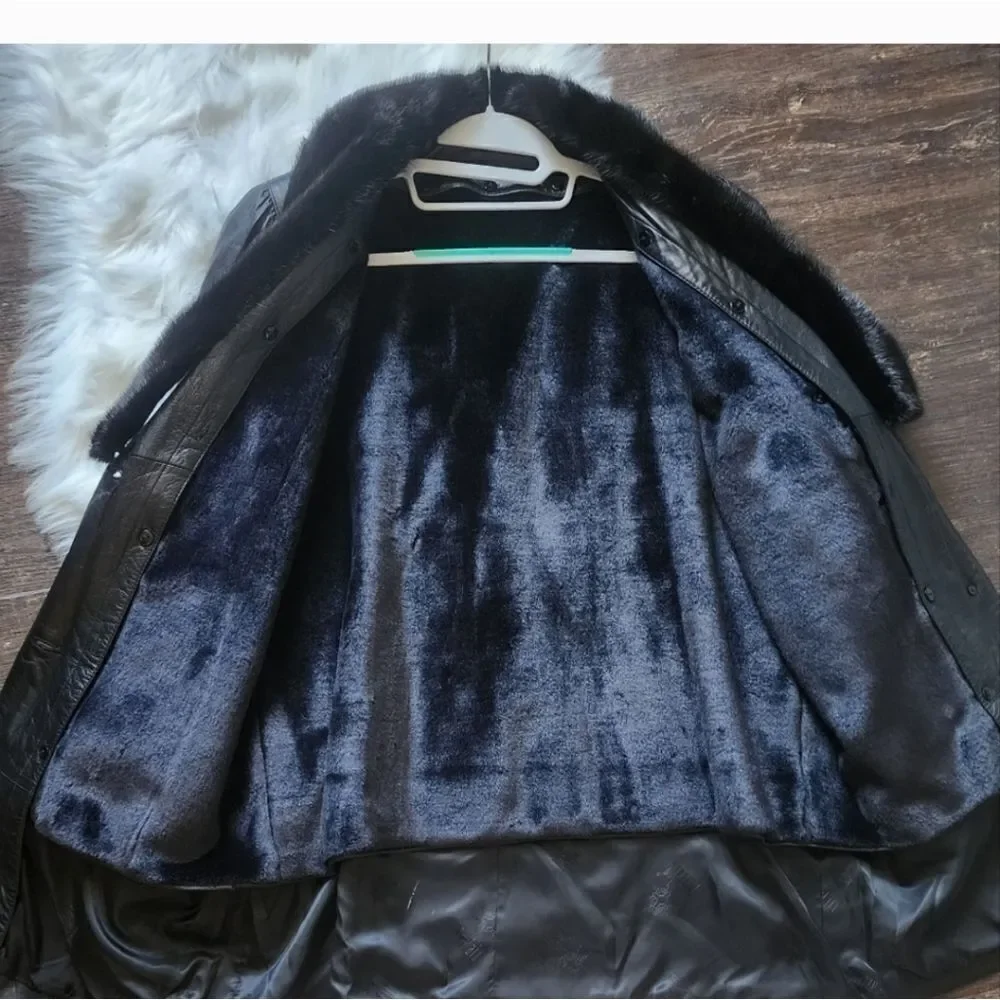 Vintage Avante Guard  Leather With Genuine Fox Fur Collar Coat Size Mob Wife XL